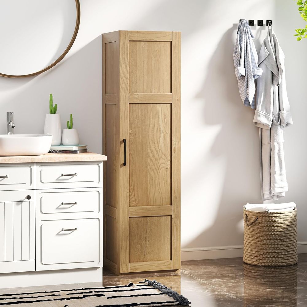Oak Tall Slimline Bathroom Cab - Home Essentials Bathroom Cabinet review and price